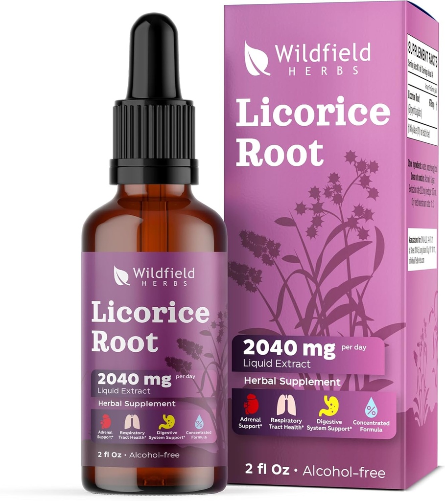 Licorice Root Extract Drops 2000mg (Glycyrrhiza glabra L.) Herbal Supplement Absorbs Better Than Kapsułki, 1 Miesiąc dostaw, 84 Sługi, Bezalkoholowe nalewka - 2 Oz, Opakowanie 1