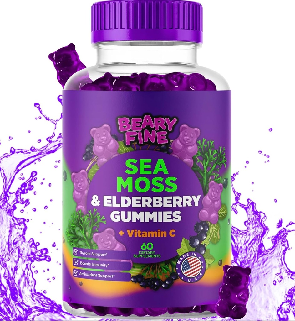 Sea Moss Gummies & Elderberry - Vitamin C + Zinc – Extra Strength Immune & Thyroid Support Booster Gummy Bears for Kids & Adults - 60 Seamoss Gummies - Made in The USA