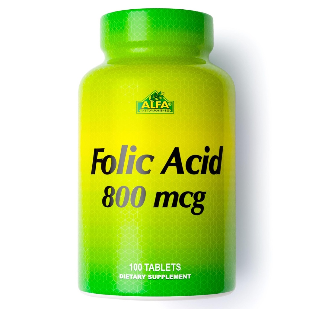ALFA VITAMINS Kwas foliowy 800 μg Suplement prenatalny, Wspomaga zdrowie układu sercowo-naczyniowego, Funkcje ciała i mózgu, Formacja czerwonokrwinkowa & Zdrowy rozwój płodu, Suplement diety, 100 Tabletki