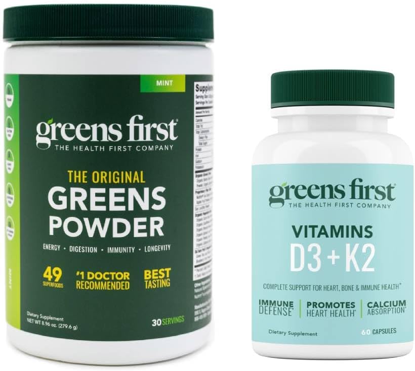 Zielone pierwsze - Mennica - 30 Słupki - Zielony Proszek Superfood, 49 Superfoods, 15 + Organiczne Owoce i Warzywa, Bezmleczne, Wegan & Non-GMO - 9.86 Oz i D3 + K2 Witaminy, 60 Kapsułki roślinne