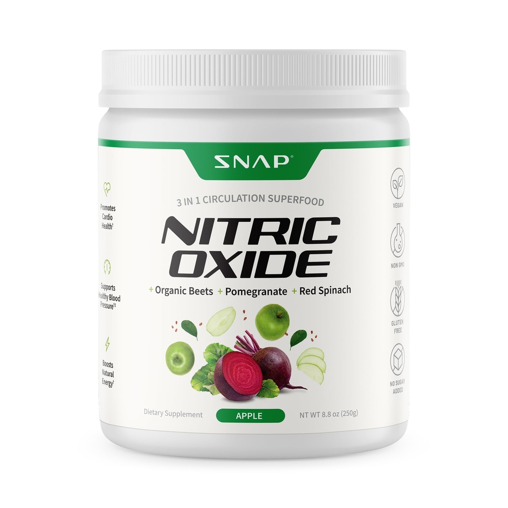 Snap Supplements Organic Beet Root Powder Nitric Oxide Supplement for Men & Women, Red Spinach & Pomegranate, Supports Healthy Energy & Blood Pressure Already in Normal Range, 30 Servings, Apple