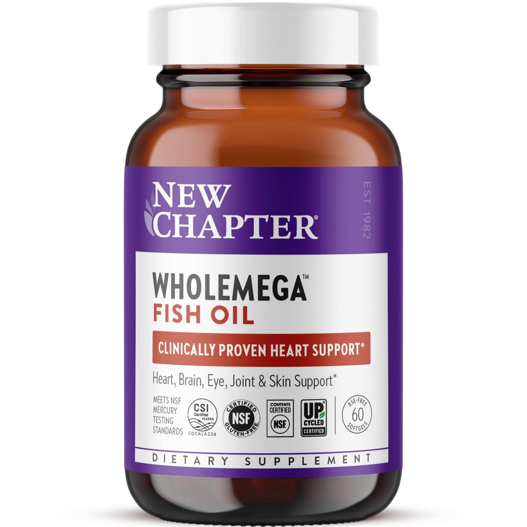 Nowy rozdział Wholemega Fish Oil Supplement - 2000mg na serwowanie, Clinically Proven Wild Alaskan Salmon Oil with Omega- 3 + Witamina D3 + Astaksantyna, 60 Softgels