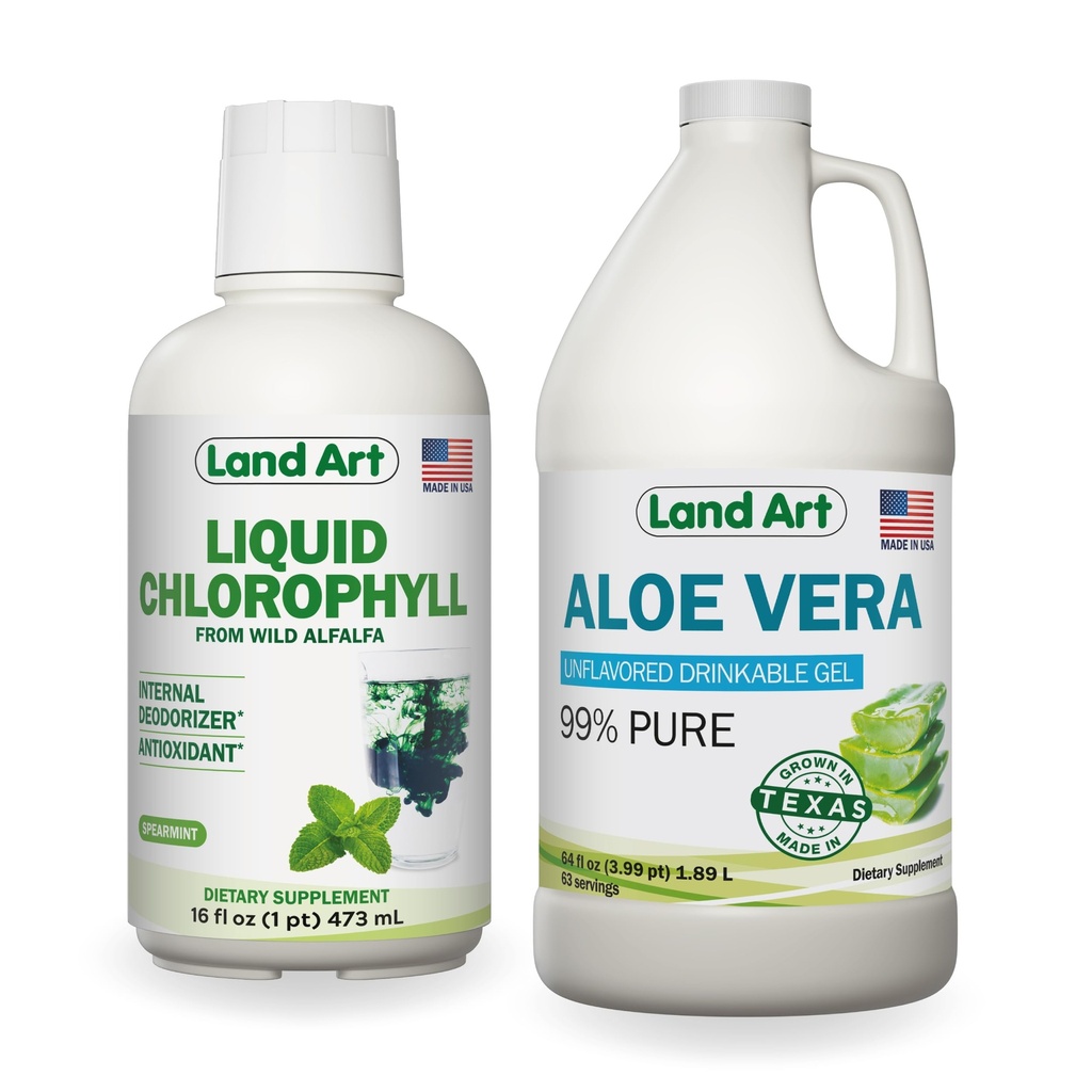 Land Art Pure Aloe Vera Drinkable żel Unflavored 64 fl oz + Liquid Chlorophyll Mint Flavored 16 fl oz