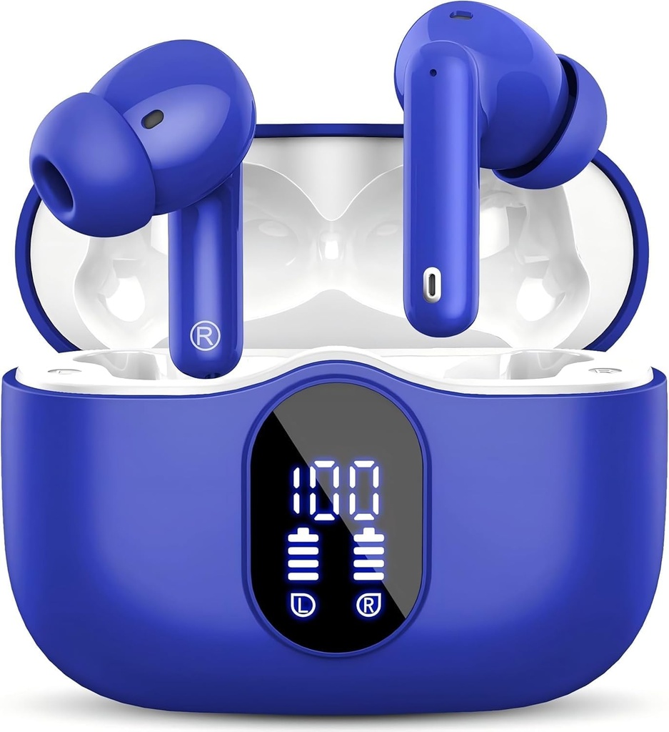 Bezprzewodowe słuchawki Bluetooth 5.3 Słuchawki basowe Stereo Ear Buds z hałasem Anulowanie Mic LED Display w słuchawki uszne IP7 wodoodporny 36H Playtime dla Laptop Pad Telefony sportowe Trening niebieski