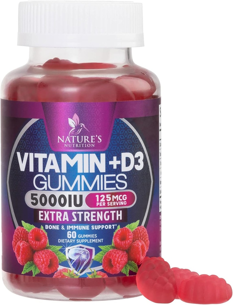 Suplement witaminy D3 Gummy 5000 j.m. (125 μg) Witaminy dietetyczne D dla mężczyzn i kobiet - kości, zębów, mięśni i immunologicznego wsparcia zdrowia, wysokiej mocy VIT D3 Nature 's Non-GMO & Gluten Free - 60 Gummies