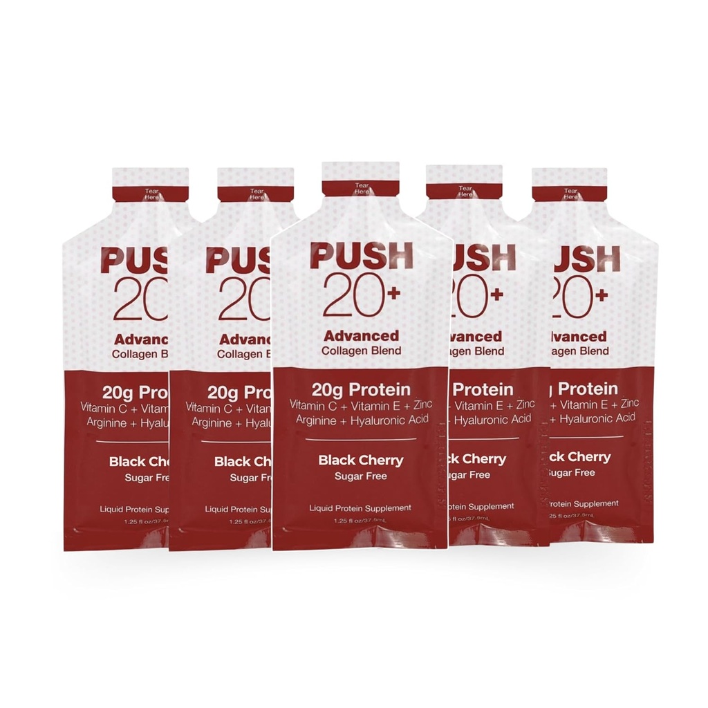 PUSH20 + Advanced Collagen Blend - Liquid Protein 20g na 1,25 fl. oz - Black Cherry Flavor - Witamina C, Kolagen Peptydy, Kwas hialuronowy, Witamina E & Najlepszy Kolagen płynny przez bycie dobrze Essentials