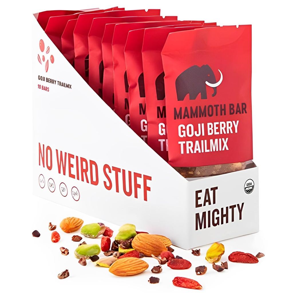Mammoth Bar Goji Berry Trail Mix - 10 Barów białka organicznego - Prebiotyk • Paleo • Gluten Free • Białko jaja • GMO Free • Raw • Premium Nuts