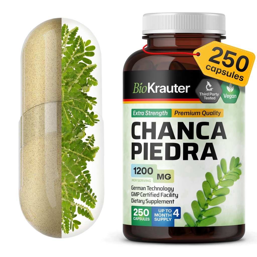 BIO KRAUTER Chanca Piedra Stone Breaker Capsules - 1200 mg Stonebreaker for Nerki Cleanse - 250 Chanca Piedra para Los Riñones Caps - Wegańskie suplementy pęcherzyka żółciowego
