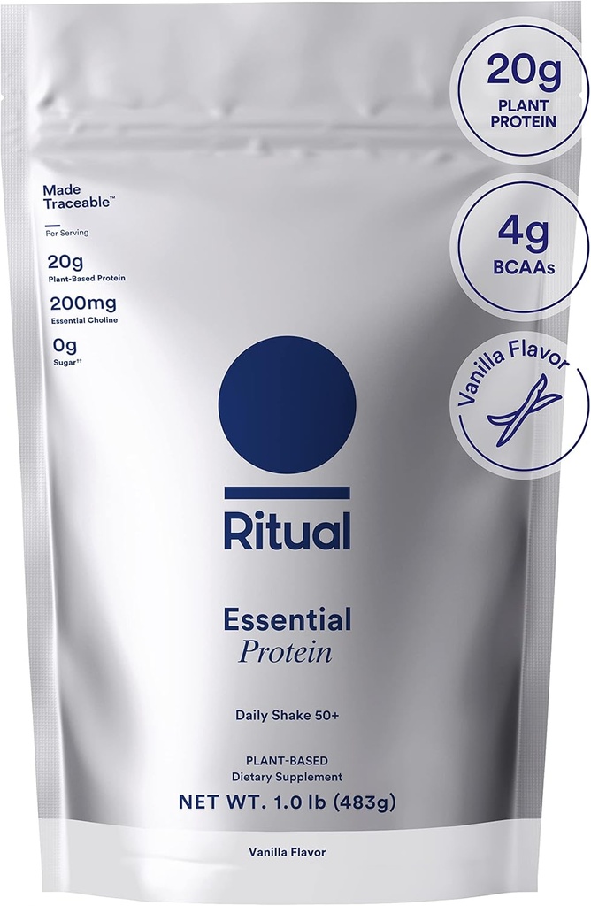 Rytualny 50 + Vegan Protein Powder z BCAA: 20g Organic Pea Protein from Regenerative Farms in USA, Plant based, ręcznie robiony Vanilla, 3. Party Tested, Gluten- Free, Dairy-Free, Non-GMO, 1 Lbs