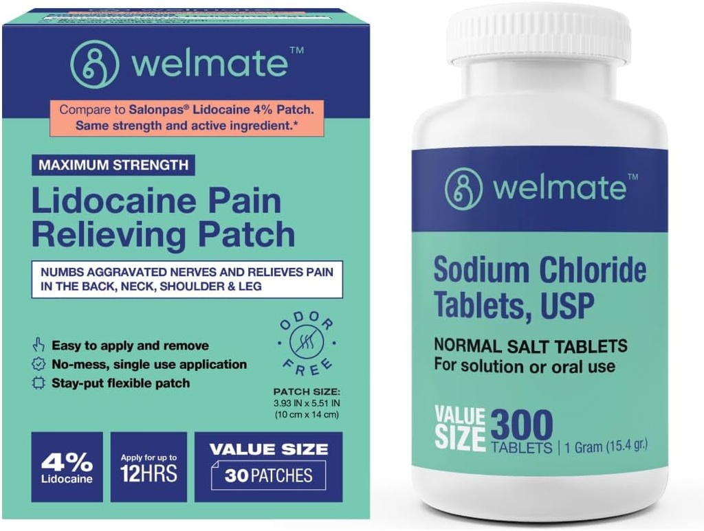 WELMATE Recovery Bundle: Sodium Chloride Tablets, 300ct + 4% Lidocaine Numbing Patch 30 ct