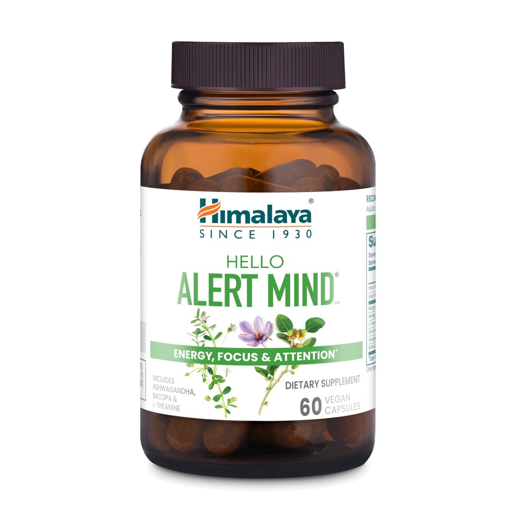 Himalaya Hallo Alert Mind with L-Theanine, Ashwagandha, Bacopa, Witamina B6 & B12, for Energy, Focus & Uwaga, Vegan, Gluten Free, 60 kapsułki