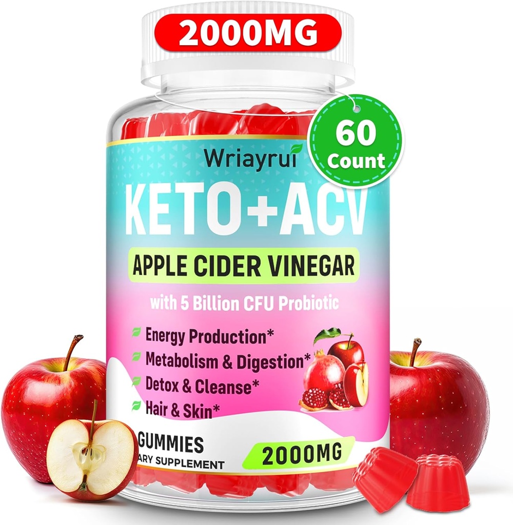 Jabłko Cydr Gummies ocet, Szybkie Ripped Keto ACV Gummies, Max Siła 2000mg, Spreparowane z zielonej herbaty, B6 & B12, Probiotyki, ACV dla metabolizmu, trawienie, Detox & Cleanse, 60 Liczby