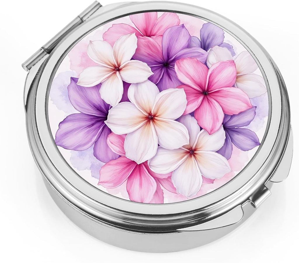 Dynippy Pill Case Pill Pudełko z lusterkiem Pocket 3 Communant Medicine Case Organizer Witaminy do torebki kieszonkowej i podróży (okrągły, Silver- BloomBurst)