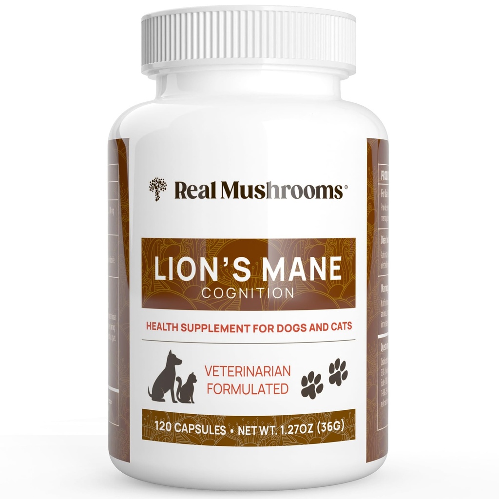 Real Mushrooms Lion 's Mane Pet Mushroom Supplement - Pet Wellbeing Kapsułki - dla Cat & Dog Supplement & Vitamin - Wsparcie Mindful Routines - Organic, Wegan, Non-GMO, 120 Count