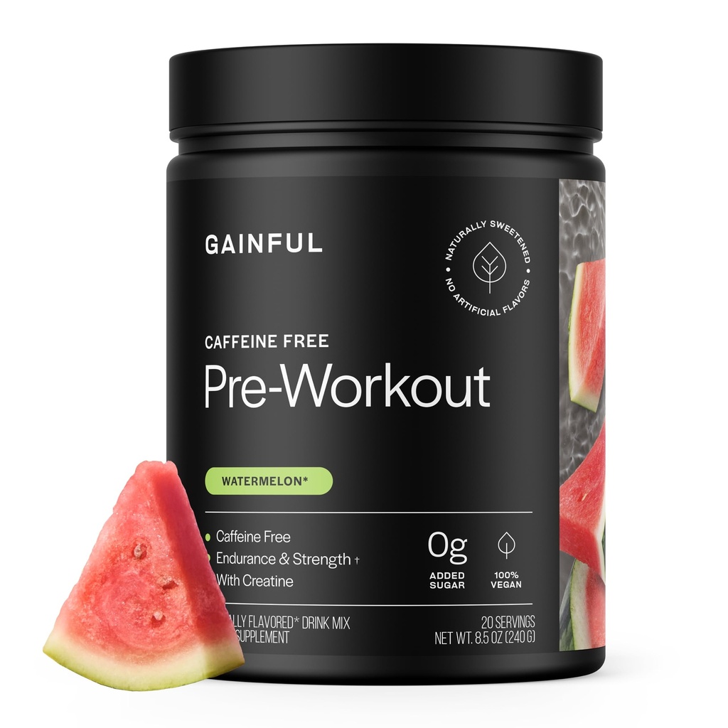 Gainful Cafeline Free Pre Workout Powder with Creatine, Awatermelon Flavor, Wspomaga wytrzymałość, Endurance, & Recovery, BCAA, Beta Alaine, L- Citruline, Brak sztucznych składników, 20 Służenie