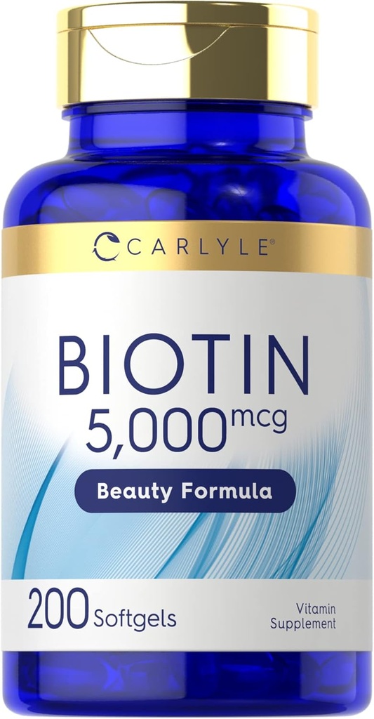 Carlyle Biotin 5000mcg Softgels 124; 200 Hrabia 124; Witaminy do skóry włosów i paznokci 124; Non-GMO, Gluten suplement wolny