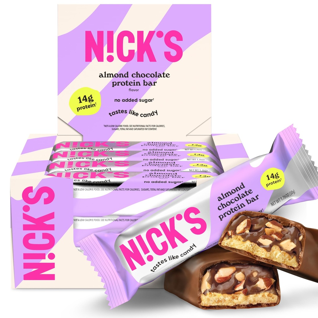 Nick 's Protein Bars Czekoladowe 124; Wysokie białka 124; Niskie kalorie 124; Niskie keto keto Przyjazne przekąski bez dodatku cukru (Opakowanie zbiorcze 12 barów x 50g) (12 Hrabia (Opakowanie 1), Czekolada migdałowa)