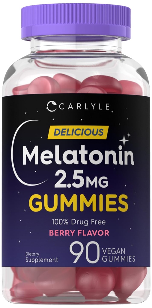 Carlyle Melatonin 2,5 mg Gummies Xi124; 90 Hrabia Xi124; Berry Flavor Gummy Supplement Xi124; Wegan, Non-GMO, Gluten Free