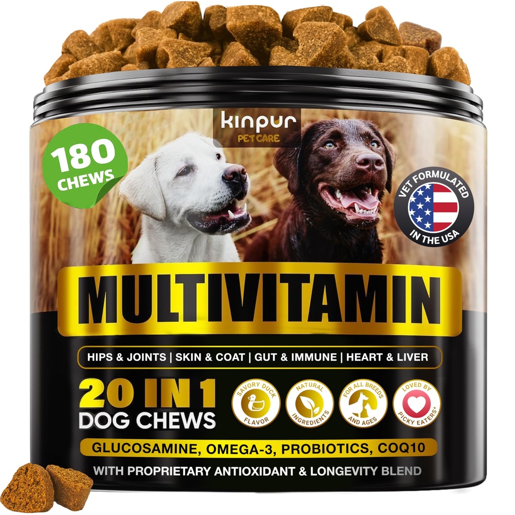 20- in-1 Dog Multivitamin Suplementy - Odporność, trawienie, Joint i Heart Health Support - Naturalne psy Witaminy z Biotin, Msm, Żurawina, Glukozamina dla psów - 180 Chews