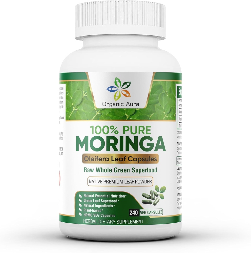 Organic Aura Moringa kapsułki - 240 Ct Hurtowych Pack. Autentyczny Surowiec Moringa Leaf Supplement for Energy, Metabolizm, Laktacja, Immunitet & Wspólne Zdrowie. Whole Leaves Green Super Food Nutrition.