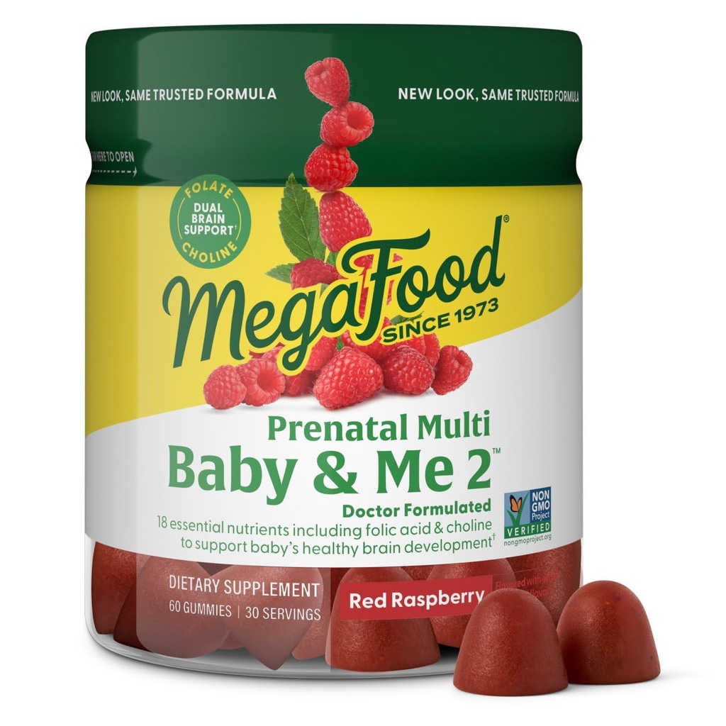 MegaFood Baby & Me 2 Witaminy prenatalne dla kobiet Gummies z kwasem foliowym i cholina dla rozwoju mózgu dziecka; Plus prawdziwe owoce - czerwony aromat malinowy - 60 Gummies (30 Służenie)