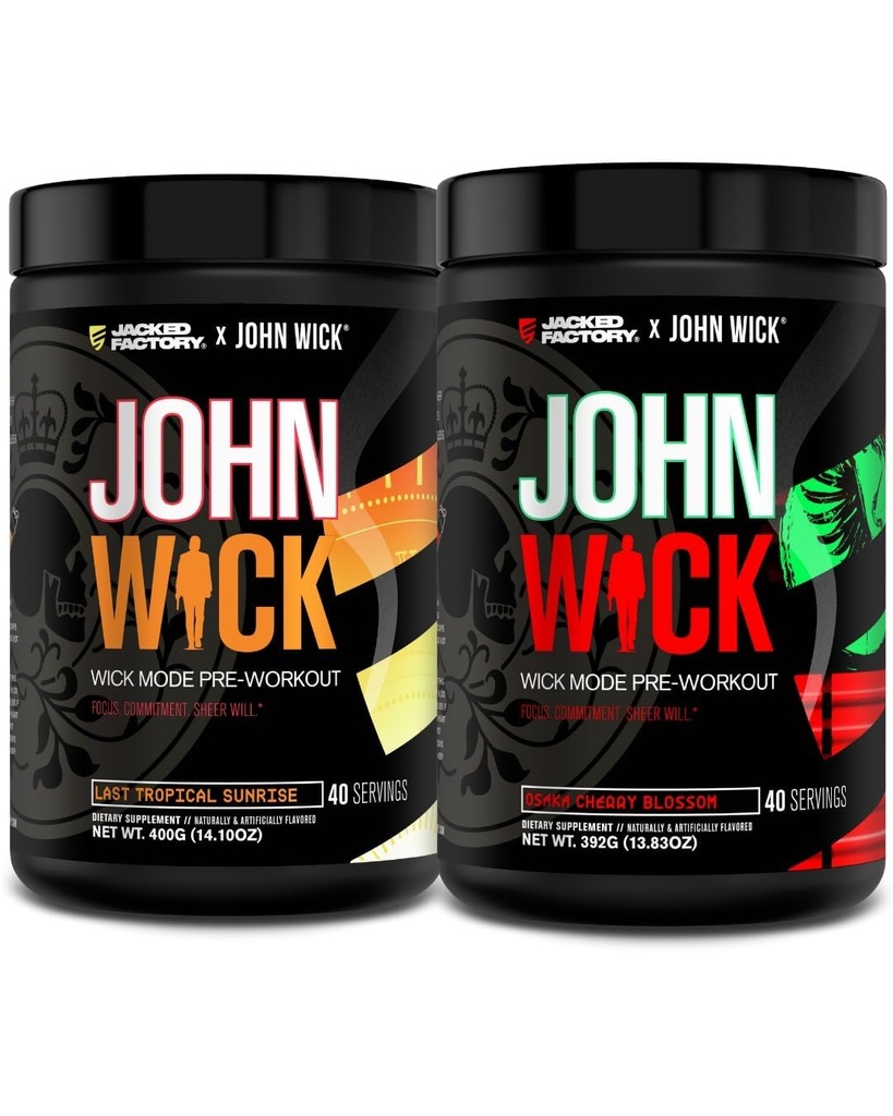 Jacked Factory X John Wick - Wick Mode Pre Workout Powder - Intensywna energia, Battle- Ready Focus, Niepowstrzymane zaangażowanie i Sheer Will - Last Tropical Sunrise & Osaka Cherry Blossom (80 Sług)