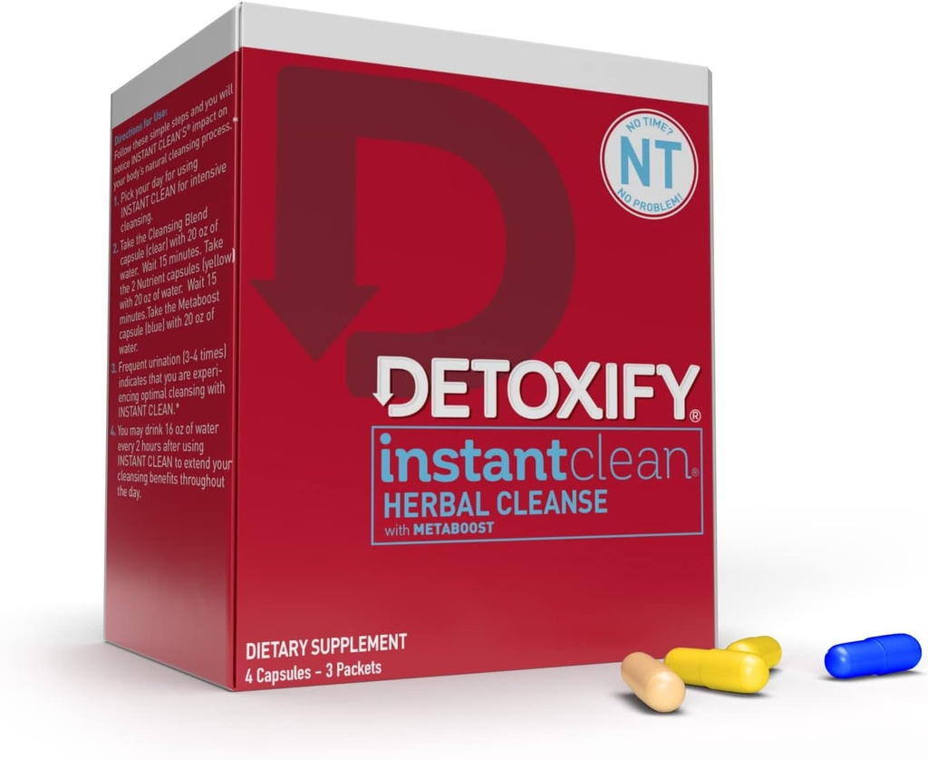 Detoxify - Instant Clean - 4 Kapsułki - Profesjonalnie przygotowywane Herbal Detox Kapsułki - Wzmocnione Metaboost, Wyciąg Thistle mleka, Uva Ursi & Ginseng Extract - Plus Sticker