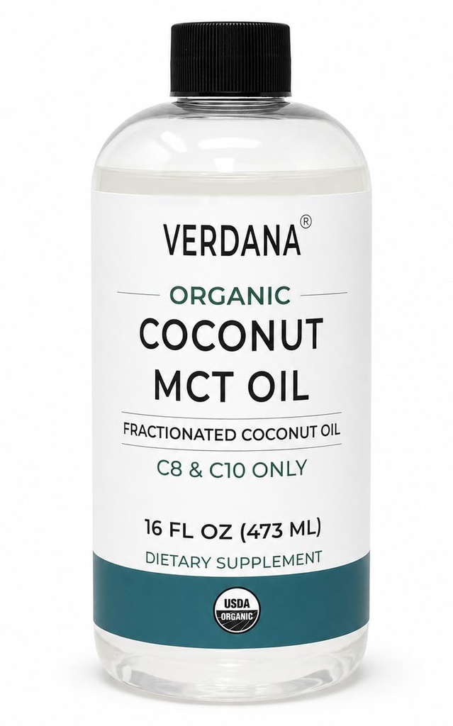 Verdana Organic MCT Oil 16 oz - Food Grade USDA Organic for Keto Coffee, Unflavored Natural Oil Pulling Mouthwash & Massage - Kokosowy derived, Fractivated- Średni łańcuch C8 C10 - Non-GMO, Kosher