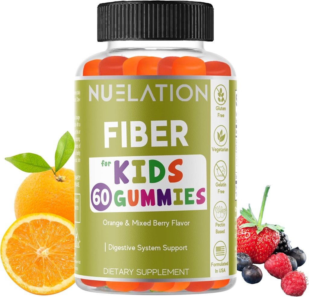 Fiber Gummies dla dzieci - 60 Hrabia - Wegetarianin, Gluten Free, Żelatyna Free, Fiber Supplement for Kids - Fiber prebiotyczny do wsparcia trawienia, Ruch jelit i zdrowia immunologicznego