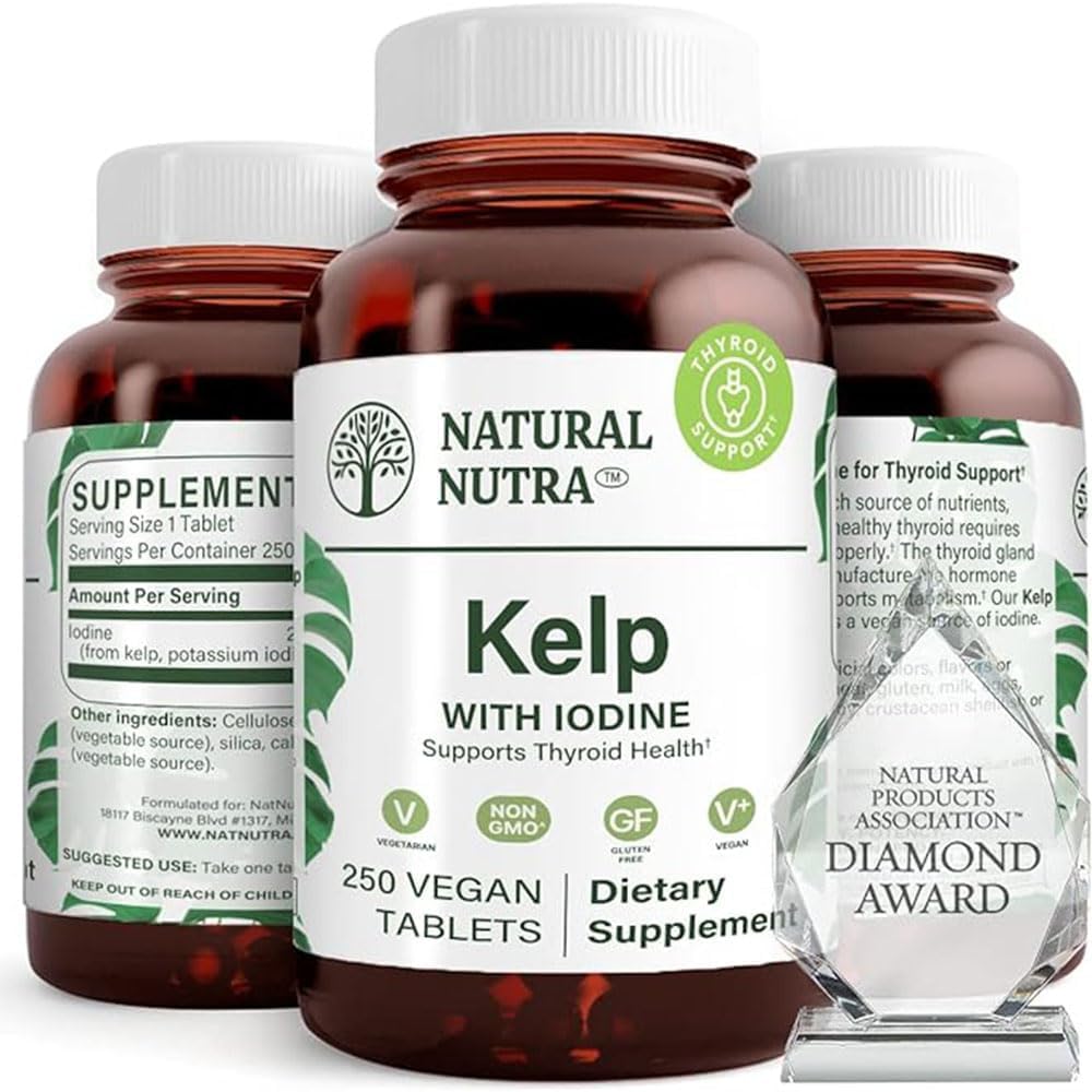 Natural Nutra Kelp Jod Tyroid Supplement Supplement, wzmacnia system immunologiczny i reguluje metabolizm, Wegańskie Kelp, Nie GMO, Atlantic Sourced Seaweed Extract, 225 µg, 250 Tablets (Opakowanie 2)
