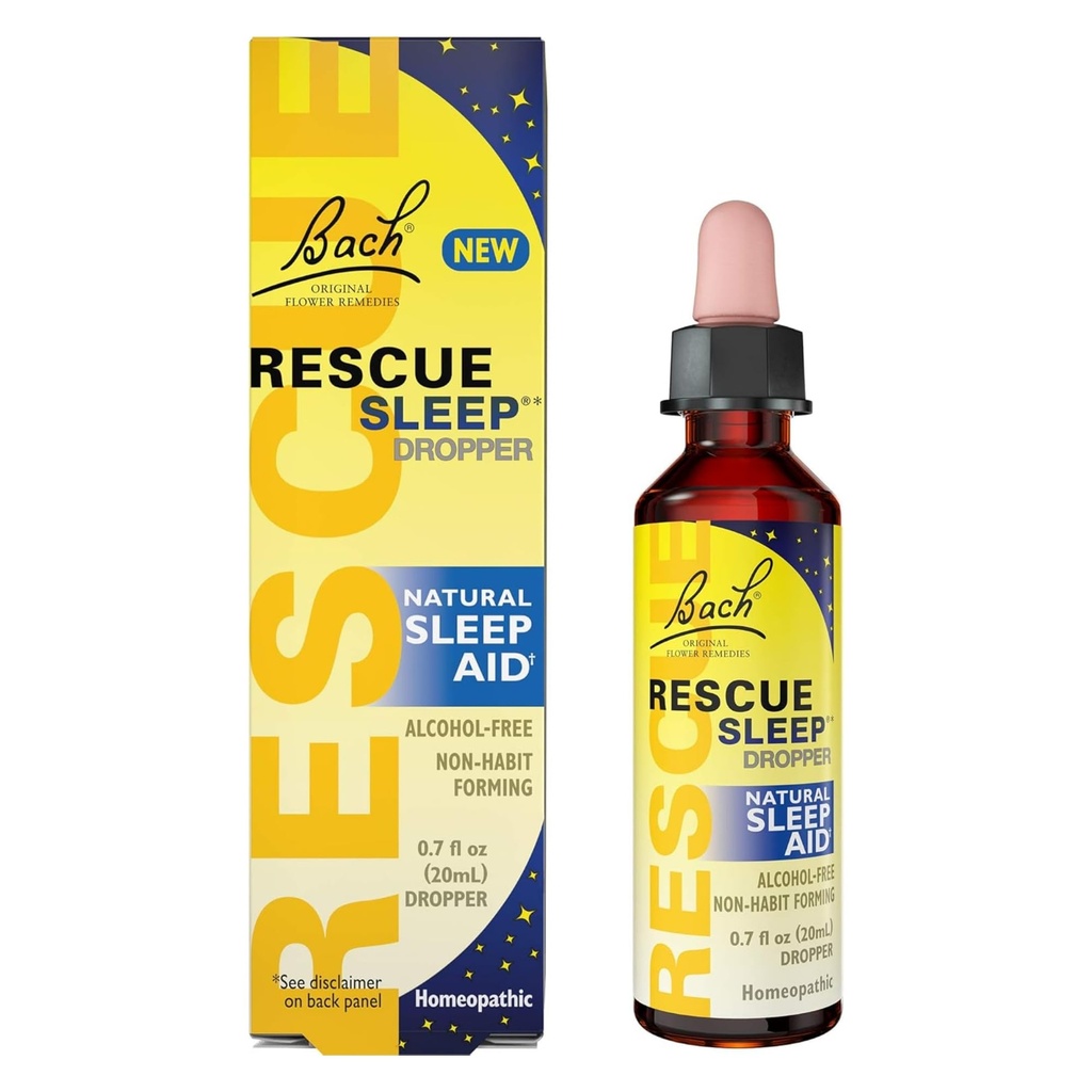 Bach RESCUE SLEEP kroplomierzem 20 ml, Natural Sleep Aid, Homeopatyczna Esencja Kwiatu, wolny od melatoniny, Cukier, & Gluten, Przyjazny dla rodzin, Non-alkohol Formuła
