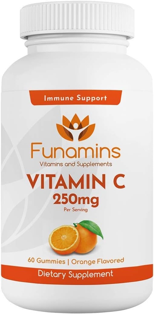 Witamina C Gumiaki, 250 mg na serwowanie, 60 Hrabia, Wegan, Antioksydent, Wsparcie immunologiczne, Mięśnie, Łączniki; dla dzieci i dorosłych; Flavor pomarańczowy