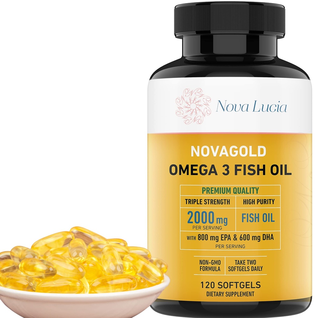 NovaGold Omega 3 Fish Oil - 2000mg High Strength EPA DHA Supplement - Burless, Easy to Swallow Softgels - Wspiera Serce, Mózg, Łączniki, Immune & Skin - Non-GMO - 120 Kapsułki płynne
