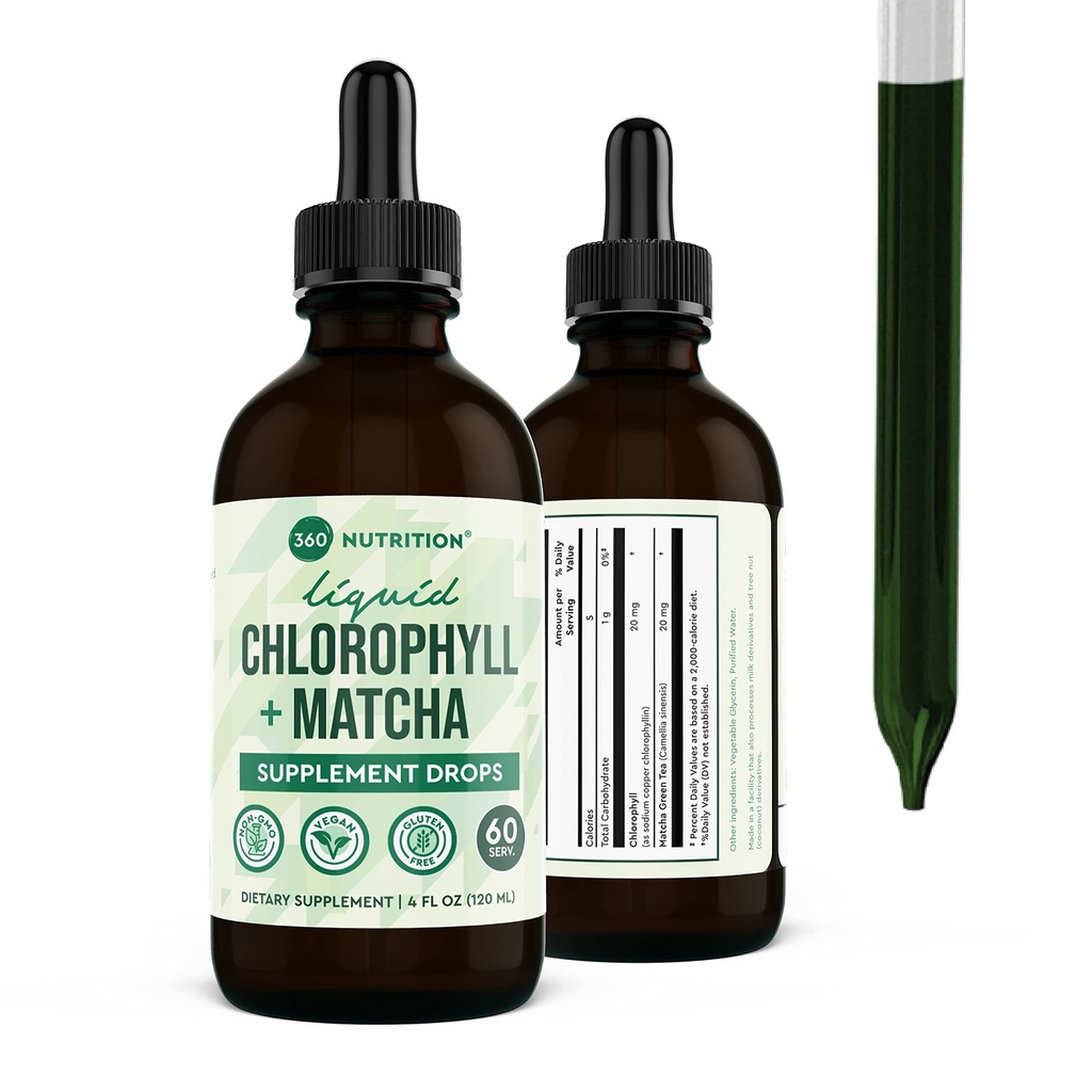360 Żywienie Match Chlorofil Krople płynne z L- Theanine, Gluten Free & Wegan Wewnętrzny suplement deodorowy, Wspiera Gut zdrowia, Trawienie, Energia, Promieniowa Skóra, Szybkie wchłanianie, 60 Służenie