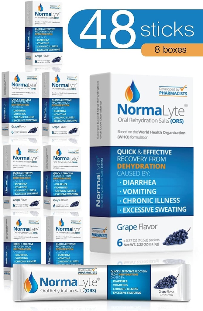 NormaLyte Oral Rehydration Salts- 48 Sticks Packs (Yields 500ml na opakowanie) - winogrona 124; Suplementy energetyczne, Suplement potasu, Odzysk odwadniania i szybkie wchłanianie