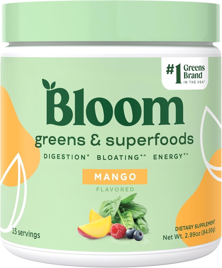 Bloom Nutrition Superfood Zielone Proszek, Enzymy trawienne w / Probiotyki i Prebiotyki, Gut Health, Bloating Relief for Women, Chlorella, 15 SVG (15 Servings (Pack of 1), Mango)