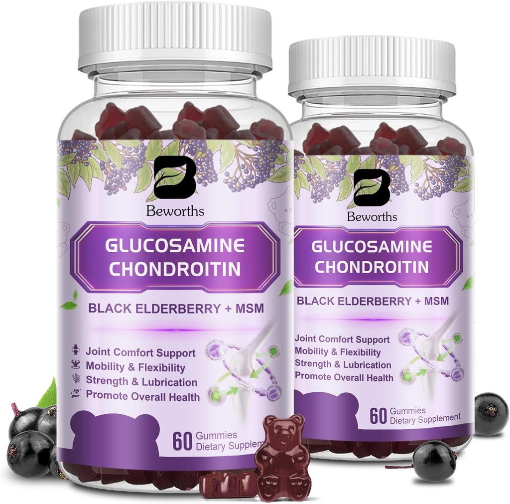(2 Pack) Glukozamina Gummie Chondroitin, suplement o dodatkowej mocy Joint Support z MSM & Elderberry dla Mobilności i Elastyczności, Wsparcie przeciwutleniające dla mężczyzn i kobiet, 120 Gummies