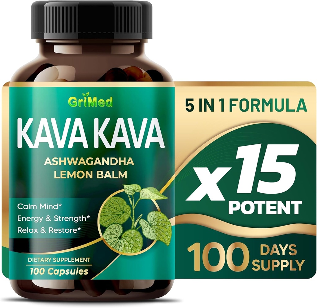 GriMed Kava Kava 19,700mg - X 15 Moc z Ashwagandha Lemon Balm - Siła, Relax, Restore, Spokój - Made in USA (100 Count (Pack of 1))