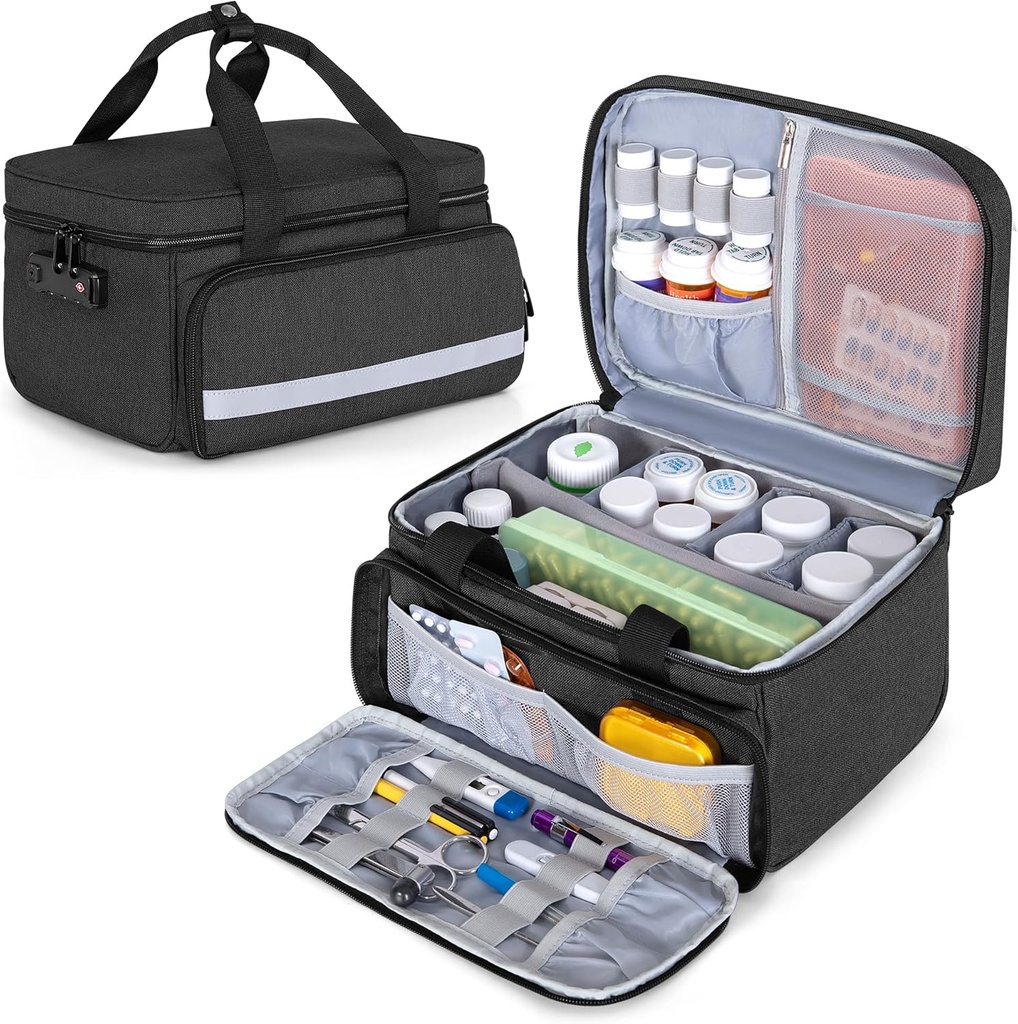 CURMIO Pill Butle Organizer Storage, Medication Lock Box for Pill Organizer and Medical Supplies, Black (Opatentowany Design)