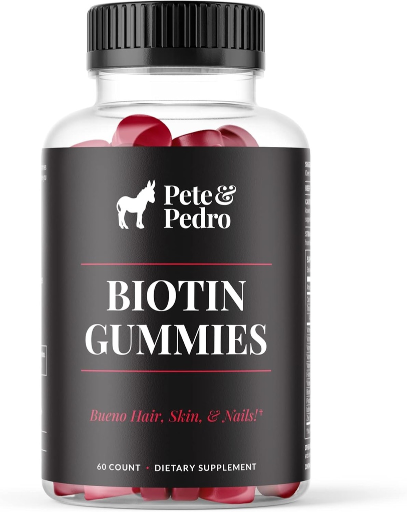 Pete & Pedro Gummie BIOTIN dla włosów, skóry i paznokci Wzrost dla kobiet i mężczyzn 124; Suplement do włosów dla skóry silniejsze, & Nails dla 124; Cherry Biotin Gummy 5000mcg na serwowanie 124; Widziałem na zbiornik Shark, 60 Hr