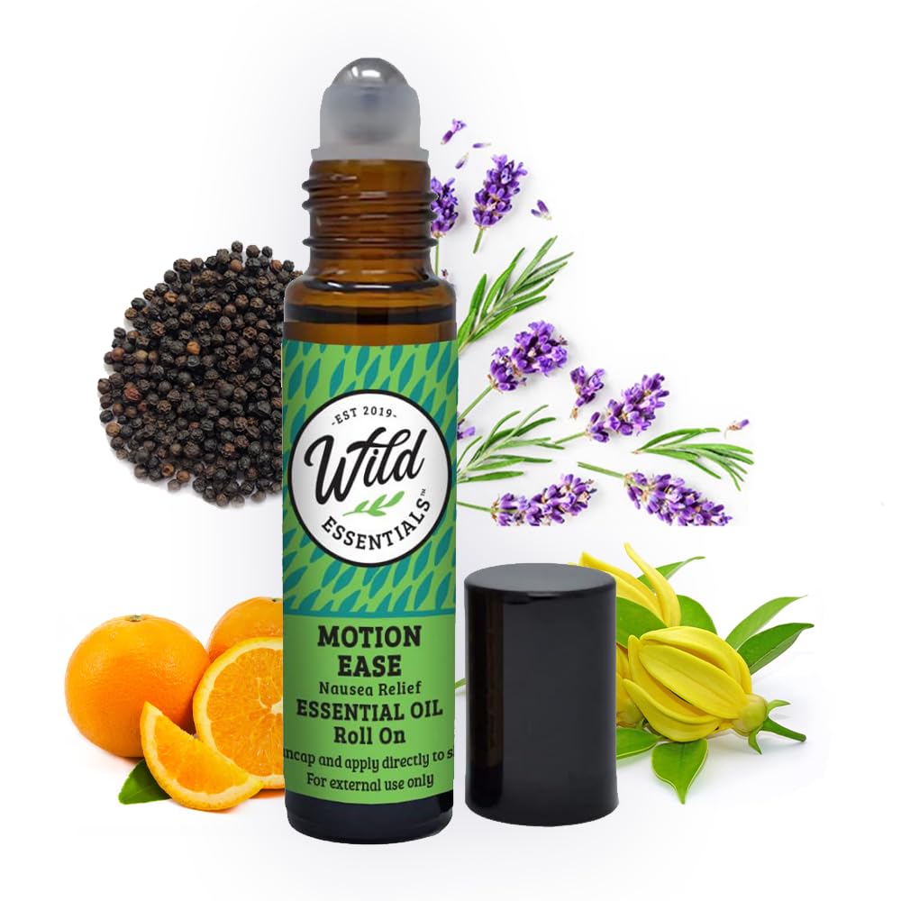 Wild Essentials Motion Ease Esential Oil Roll On, 10 ml Motion Choroby, Nudności, Upset Stomach, Vertigo, Dizzy, Seasick, Carsick, Made with Organic Jojoba Oil, Gotowy do użycia, Nawilżacz, Wszystkie naturalne