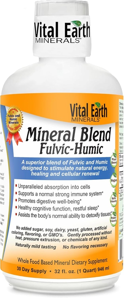 Vital Earth Minerals Fulvic Humic Mineral Blend Liquid - Suplement kwasu Fulvic z 70 + Minerały śladowe, Elektrolity do odzyskiwania, Balance & Energy, 32 Oz + 1 Oz Cup