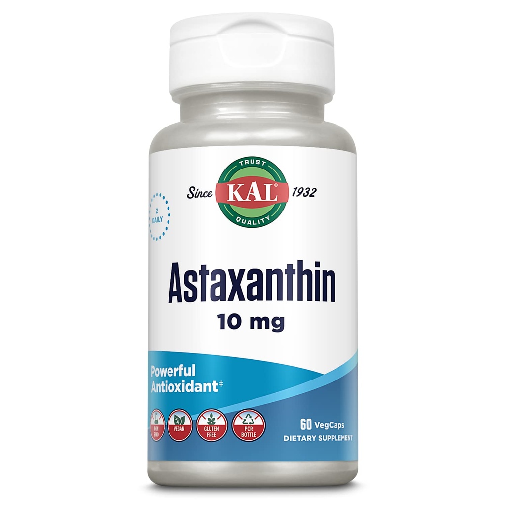 KAL Astaksantyna 10mg, potężny suplement przeciwutleniaczy, Zdrowie oczu i suplement mózgu, od naturalnego źródła roślin, Non-GMO, Wegan, Gluten Free, 30 Służenia, 60 VegCaps