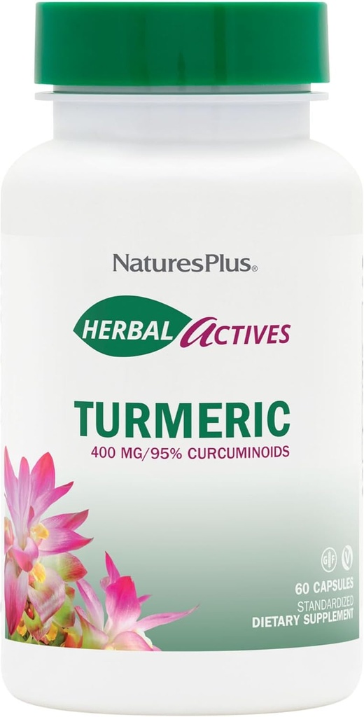 Natury Plus Herbal Actives Turmeric - 400 mg, 95% Kurkumina, 60 Kapsułki wegańskie - wegetariańskie, Gluten- Free - 60 Słupki