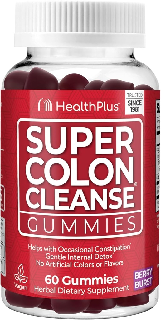Zdrowie Plus Super Colon Cleanse Gummies 15 Day Supply of Gentle Overnight Relief od sporadycznych zaparć, Natural Senna Leaf Extract, Suplement diety, Mieszane Berry Flavor, 60 Count