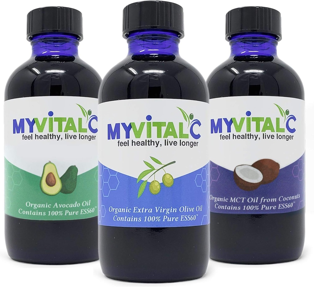 MyVitalC Combo of Organic Extra Virgin Olive Oil, MCT & Avocado Oil - ESS60 Antioksydant Supplement - for Anti- Aging, długowieczność, Sen, Energia - Opakowanie 3