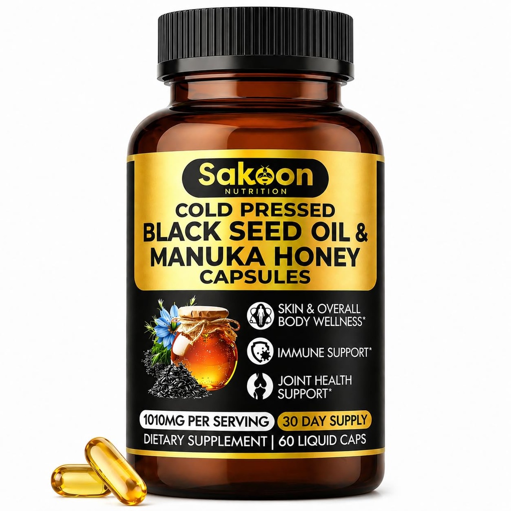 Black Seed Oil Kapsułki - Z New Zealand Manuka Miód, Cold Pressed Turecki Nigella Sativa Oil, 2% Thymoquinone, Immune & Digestive Support, Made in USA, 60 Hrabia, 1010mg na porcję