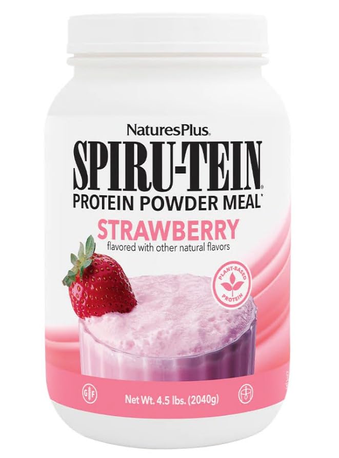 NaturesPlus SPIRU-TEIN, Truskawka - 4,5 kg - Wstrząs białkowy na bazie plantacji - Non-GMO, Wegetarianin, Gluten Free - 60 Służenia