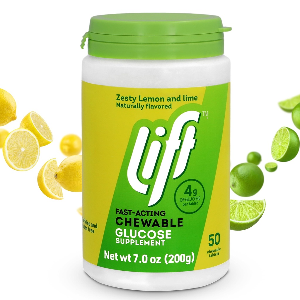 Podnieść Glukozę do 124; Szybko działająca Glukoza do żucia tabletki energii do żucia do 124; Lemon & Lime do 124; 50 ct Jar (opakowanie po 1)