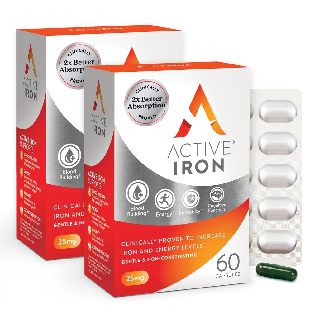 Active Iron Supplement 25mg - Clinically Proven to Increase Iron & Energy Levels - Delikatne, Niezatwardzające, Wysoko wchłaniane - 120 Kapsułek